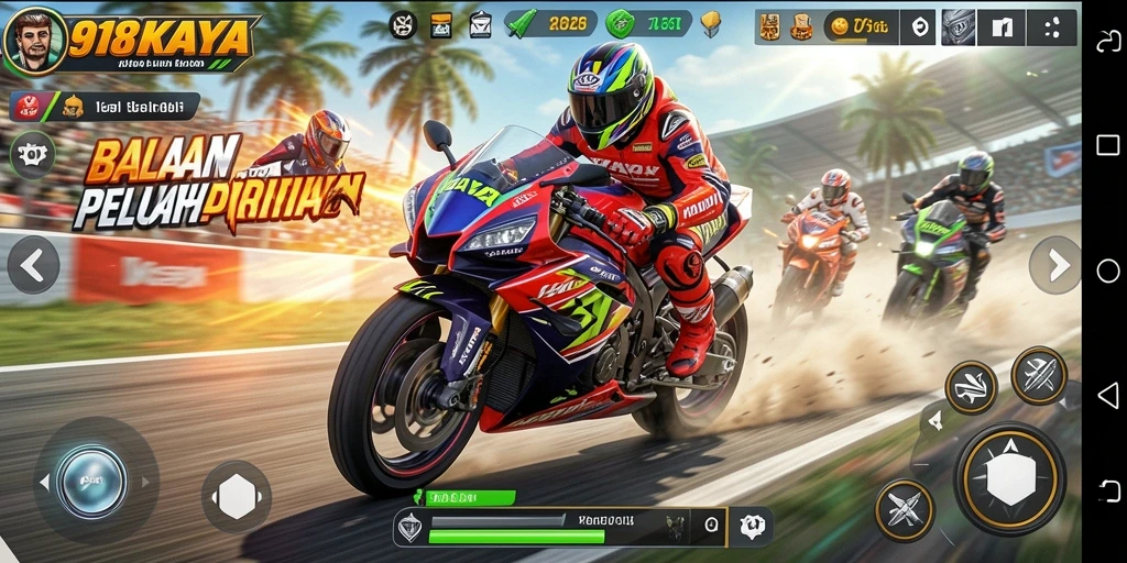 Screenshot gameplay <strong>918KAYA</strong> memperlihatkan aksi balapan motor yang mendebarkan.