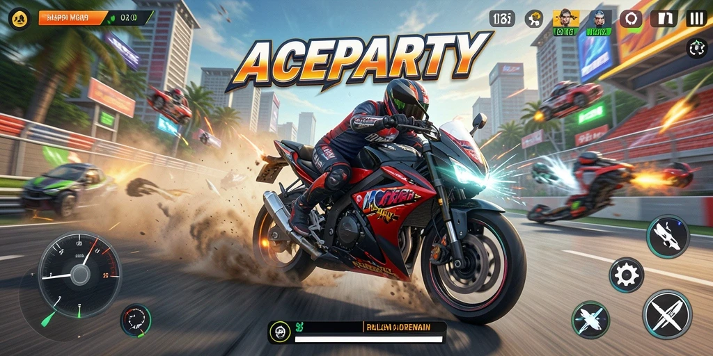 Screenshot gameplay ACEPARTY dengan aksi balapan motor yang mendebarkan.