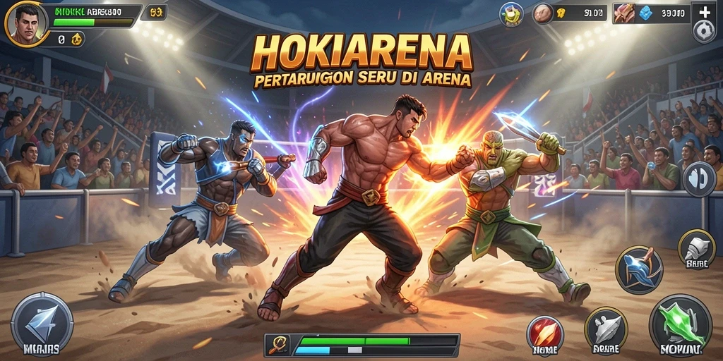 Screenshot HOKIARENA menampilkan pertarungan seru dengan karakter beraksi.